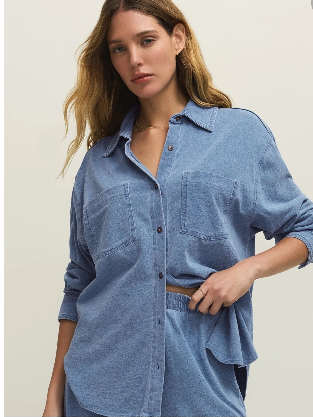 Reese Jersey Denim Button Up